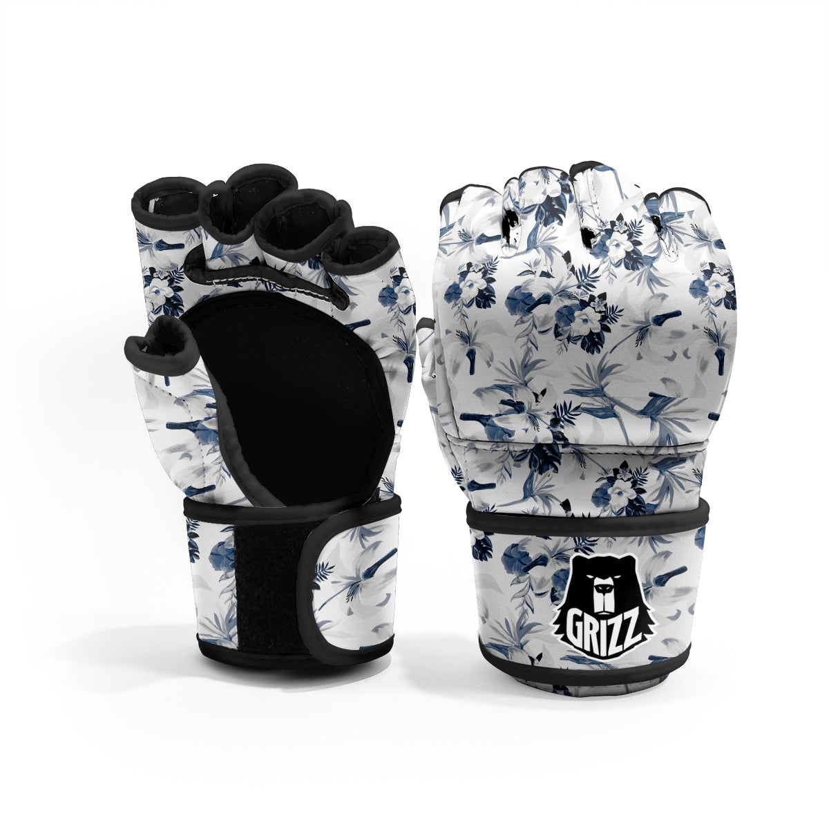Hibiscus Floral White And Blue Print Pattern MMA Gloves-grizzshop