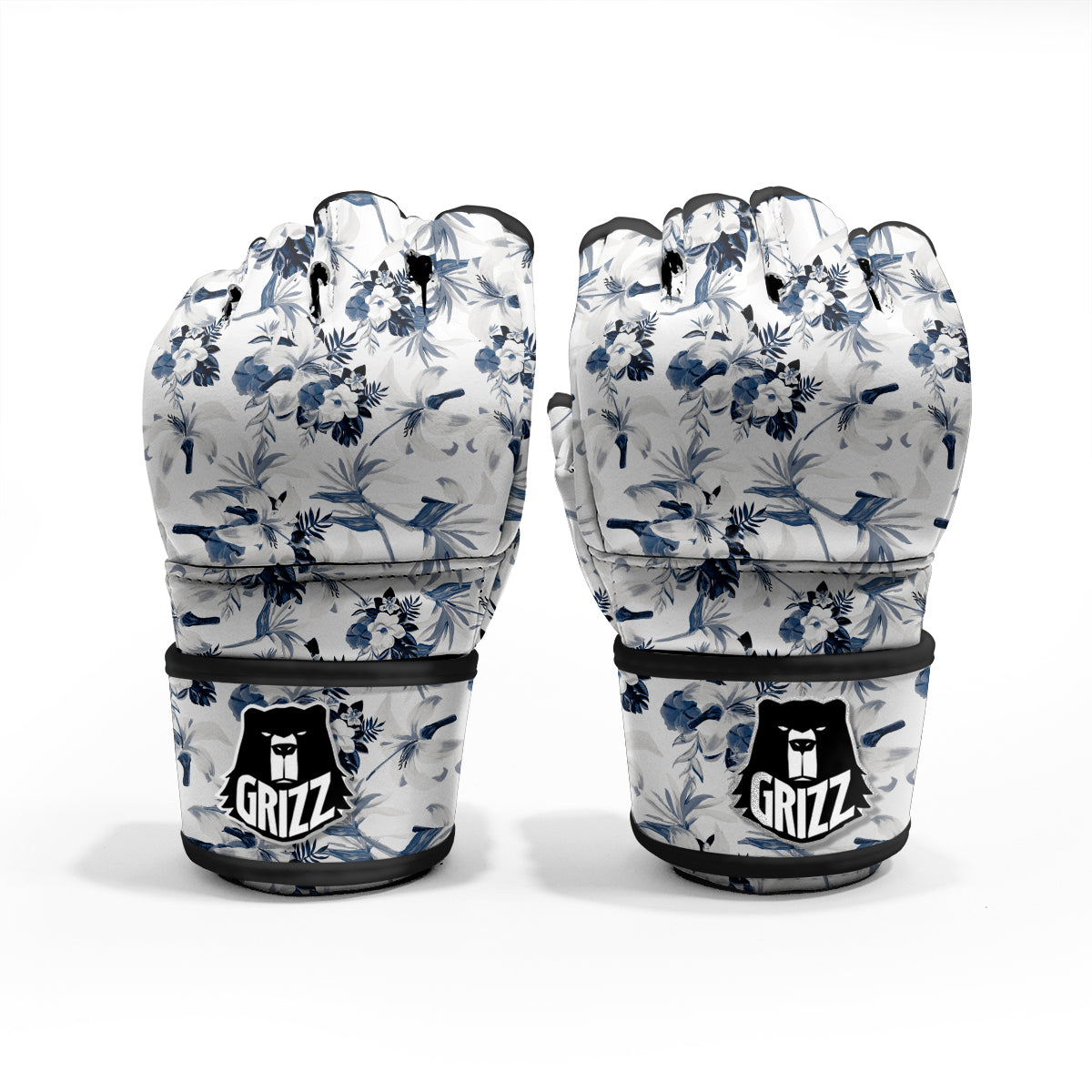 Hibiscus Floral White And Blue Print Pattern MMA Gloves-grizzshop