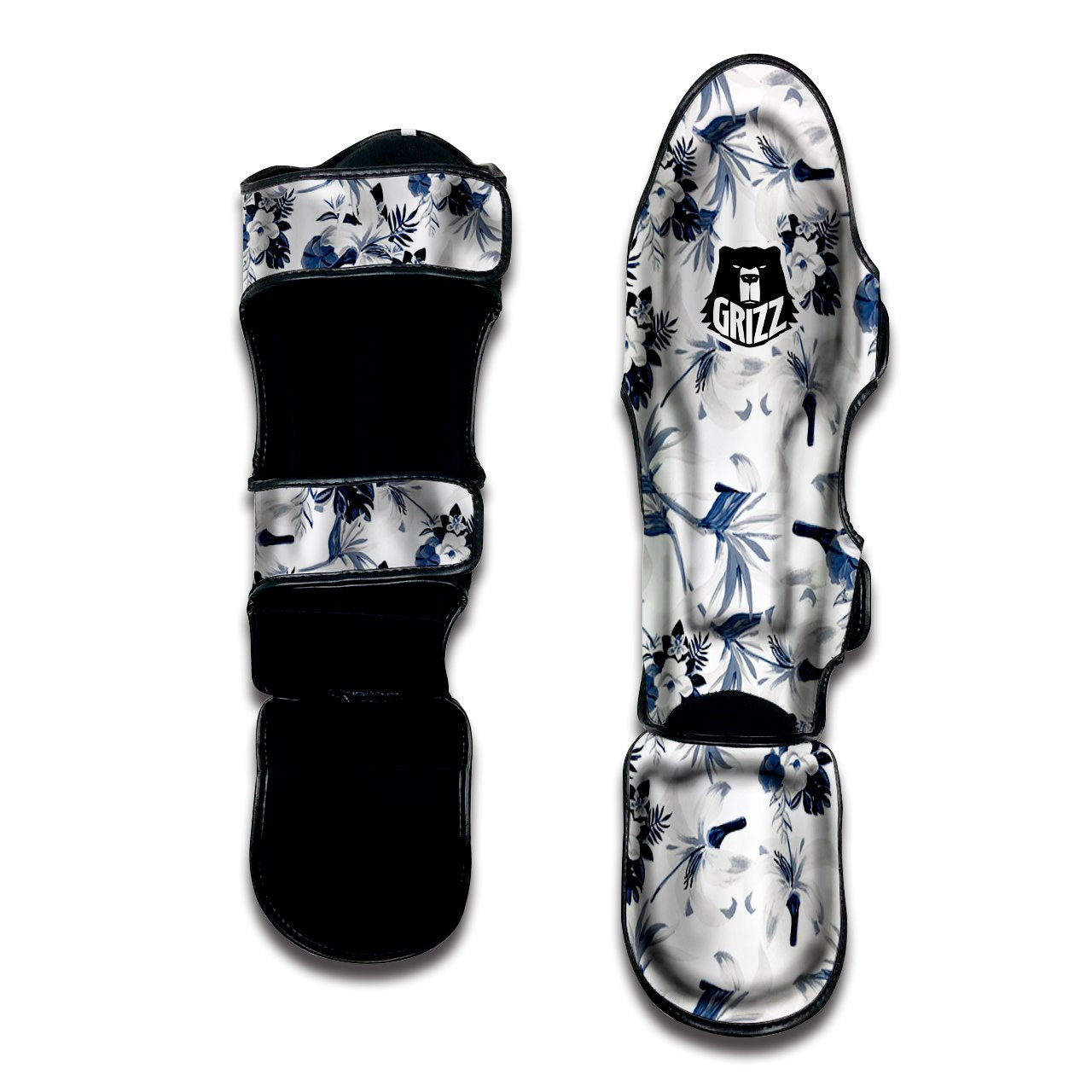 Hibiscus Floral White And Blue Print Pattern Muay Thai Shin Guards-grizzshop