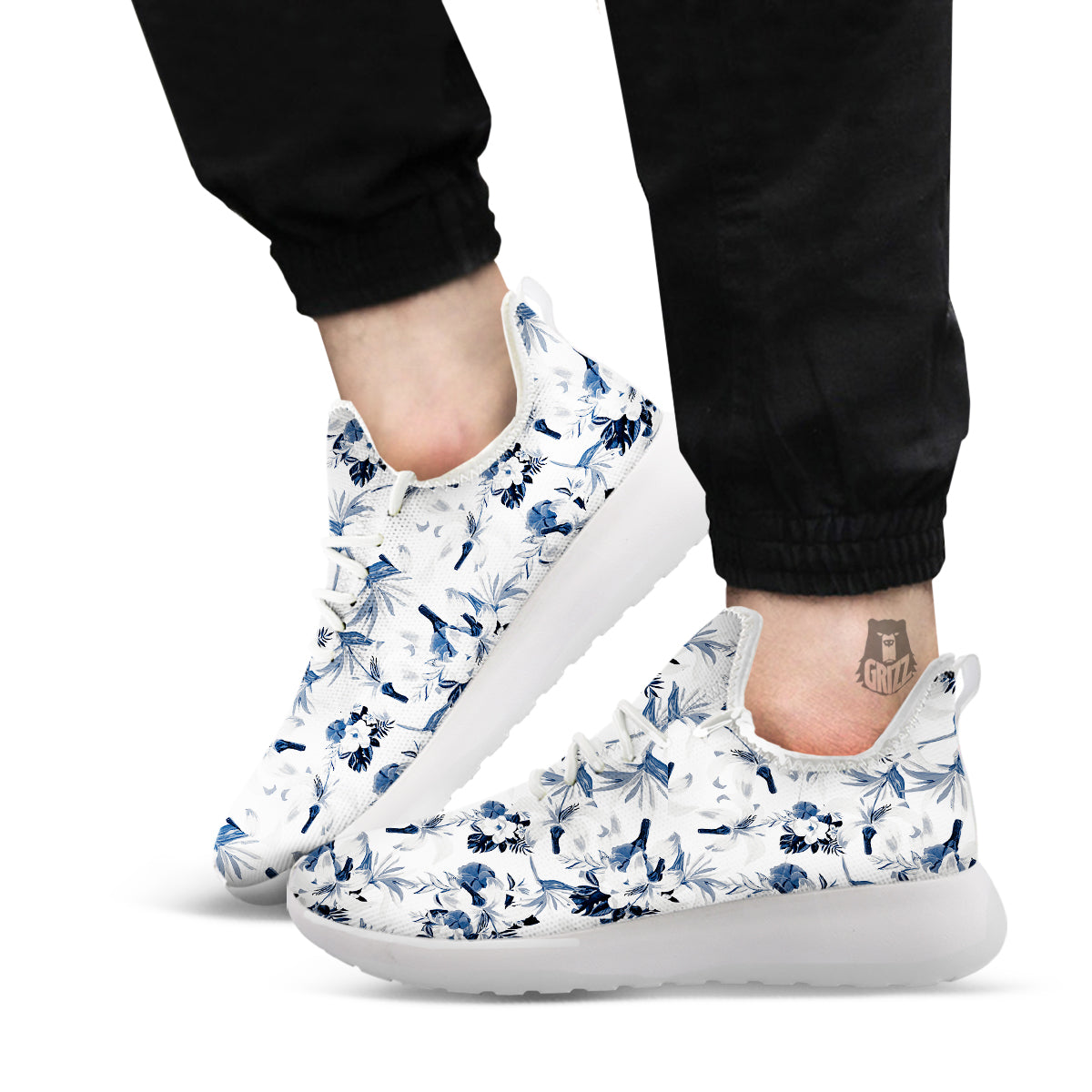 Hibiscus Floral White And Blue Print Pattern White Athletic Shoes-grizzshop