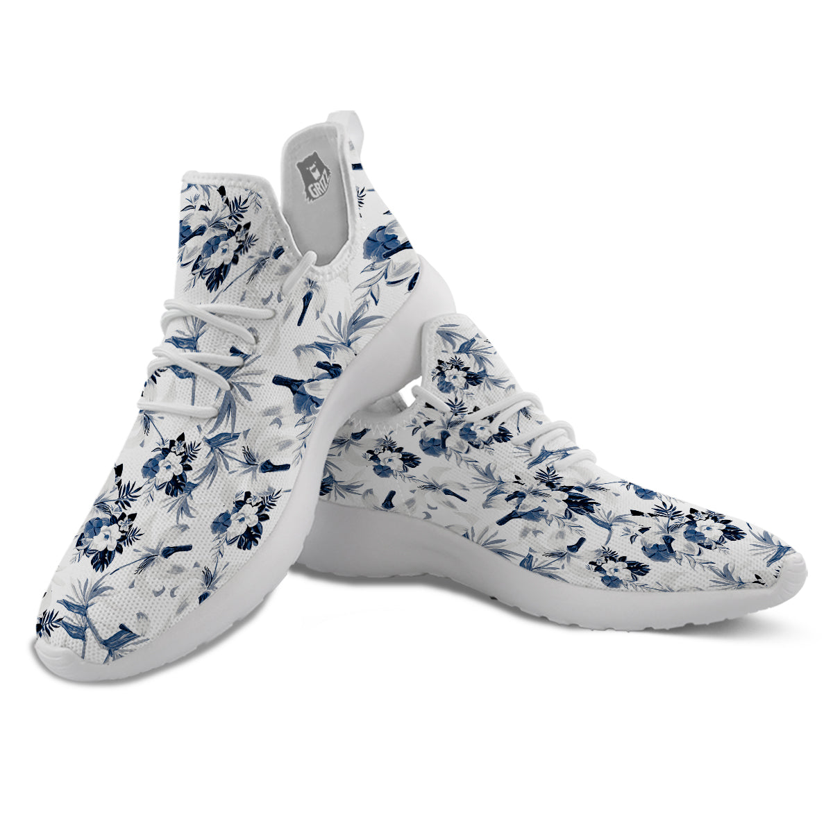 Hibiscus Floral White And Blue Print Pattern White Athletic Shoes-grizzshop