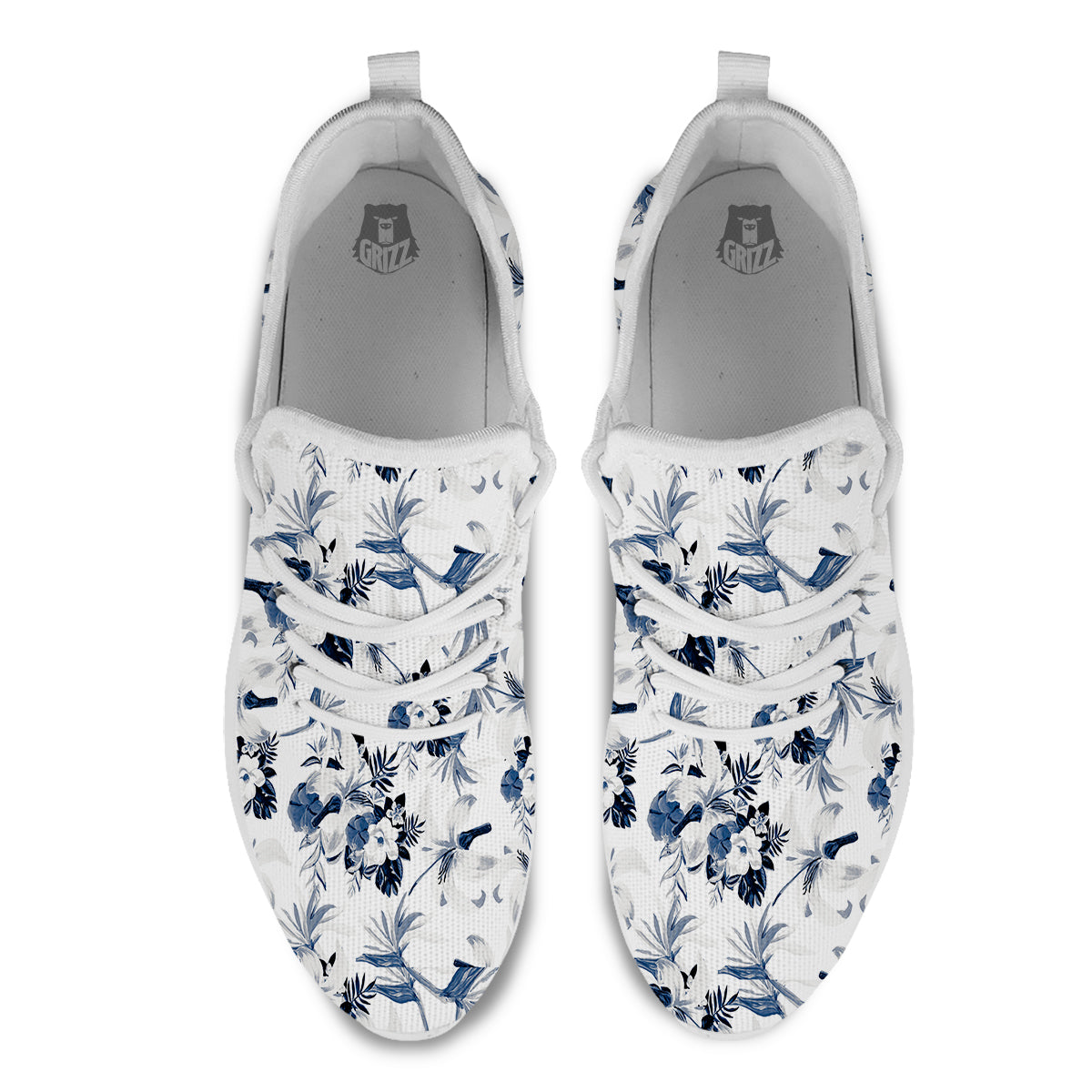 Hibiscus Floral White And Blue Print Pattern White Athletic Shoes-grizzshop