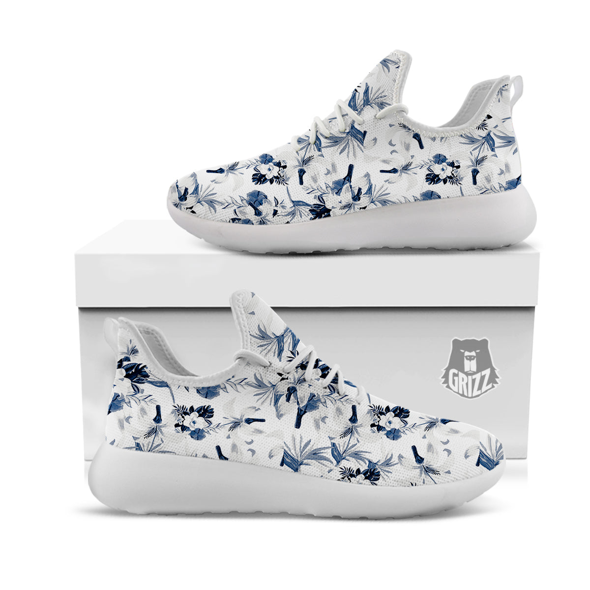 Hibiscus Floral White And Blue Print Pattern White Athletic Shoes-grizzshop