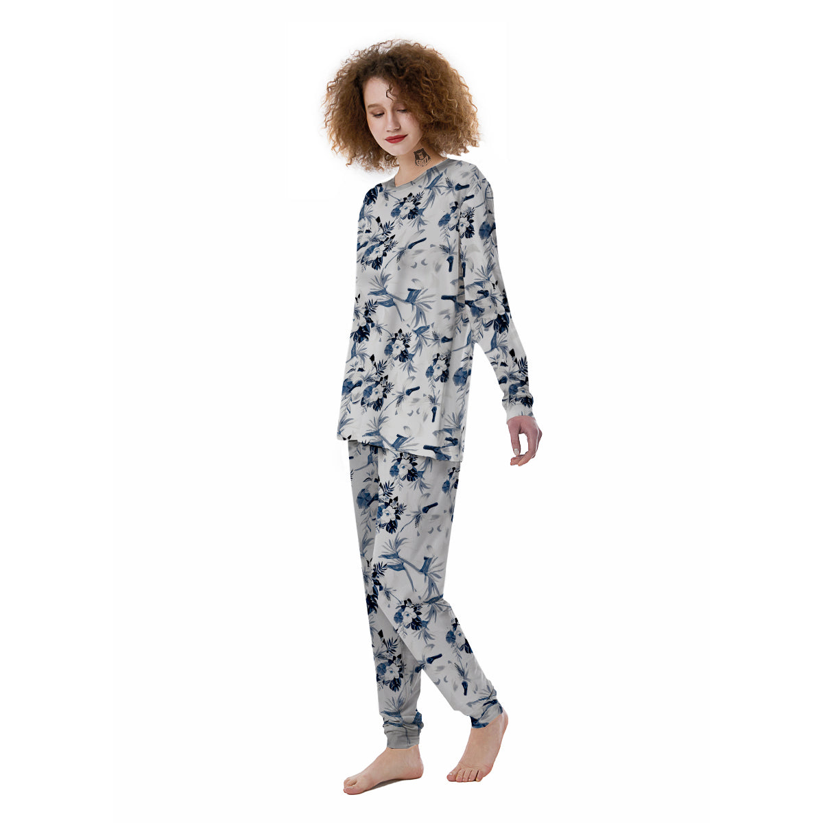 Hibiscus Floral White And Blue Print Pattern Women's Pajamas-grizzshop