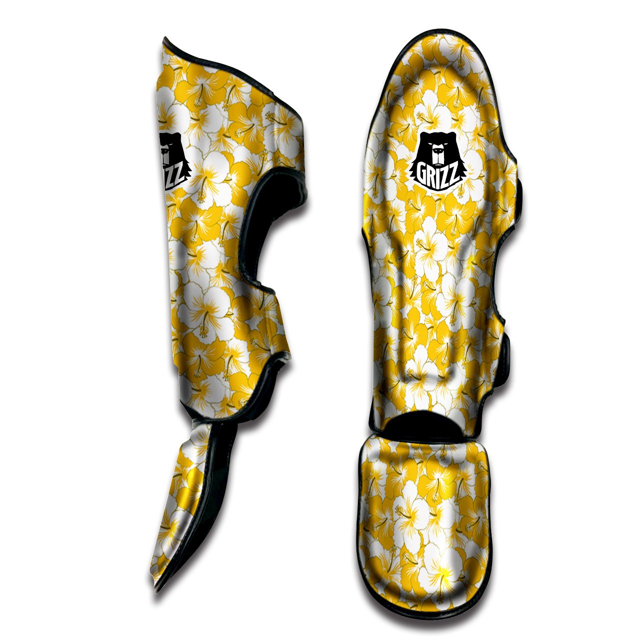 Hibiscus Flower And Camo Yellow Print Pattern Muay Thai Shin Guards-grizzshop