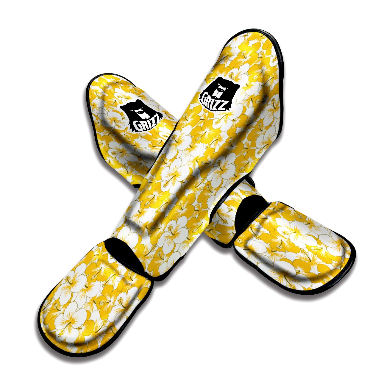 Hibiscus Flower And Camo Yellow Print Pattern Muay Thai Shin Guards-grizzshop