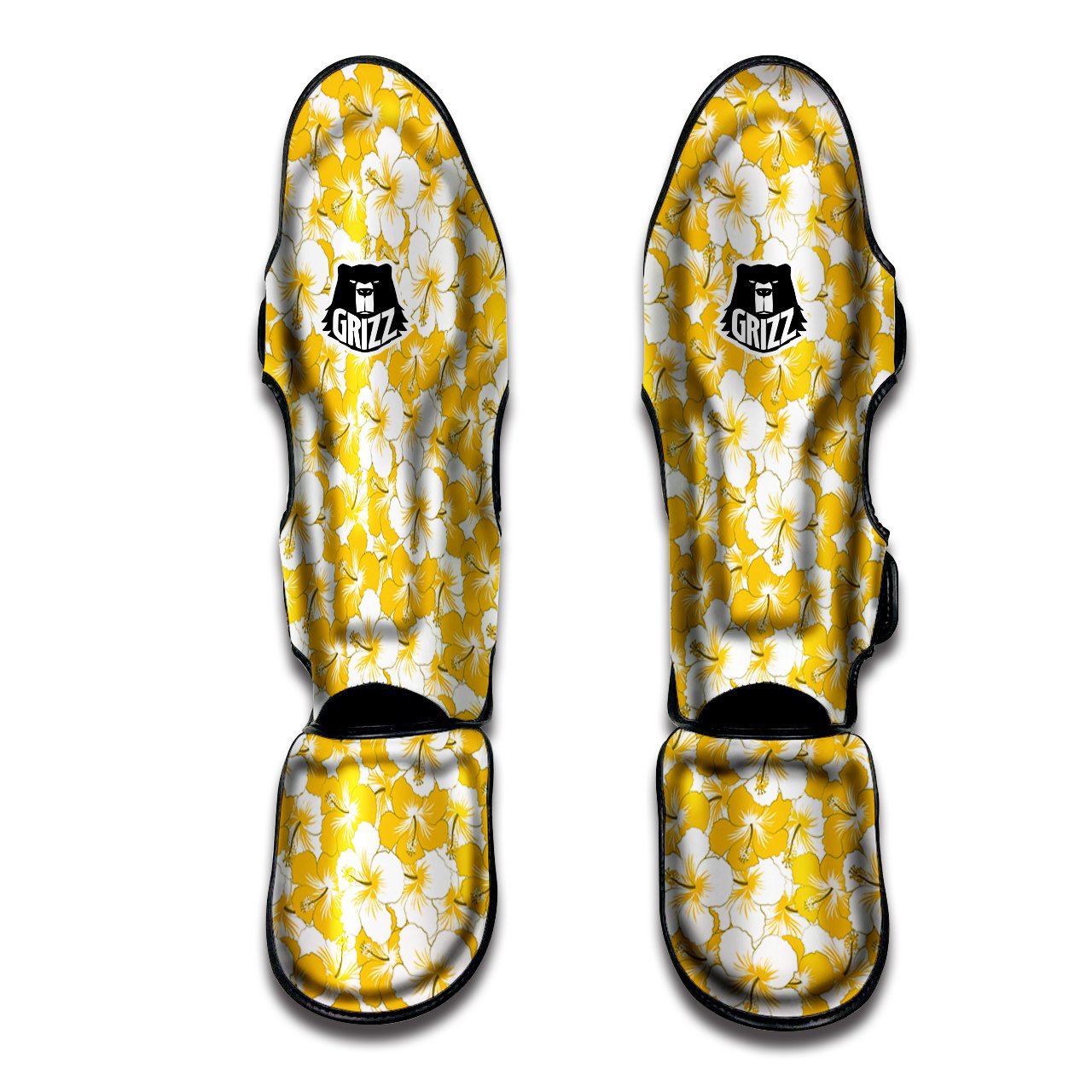 Hibiscus Flower And Camo Yellow Print Pattern Muay Thai Shin Guards-grizzshop