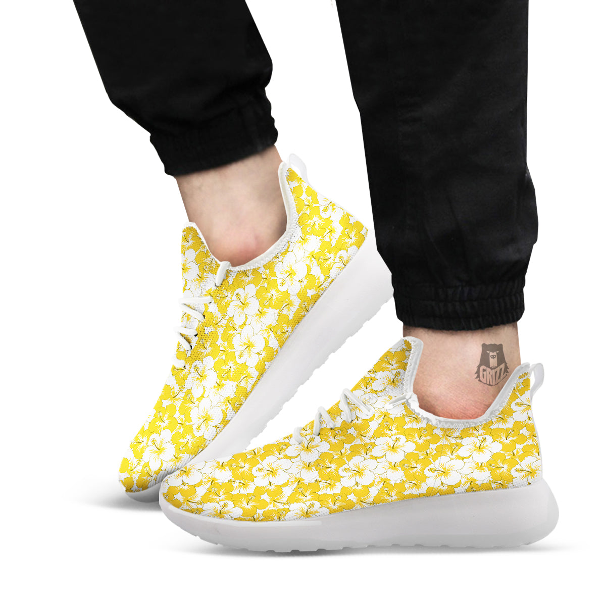 Hibiscus Flower And Camo Yellow Print Pattern White Athletic Shoes-grizzshop