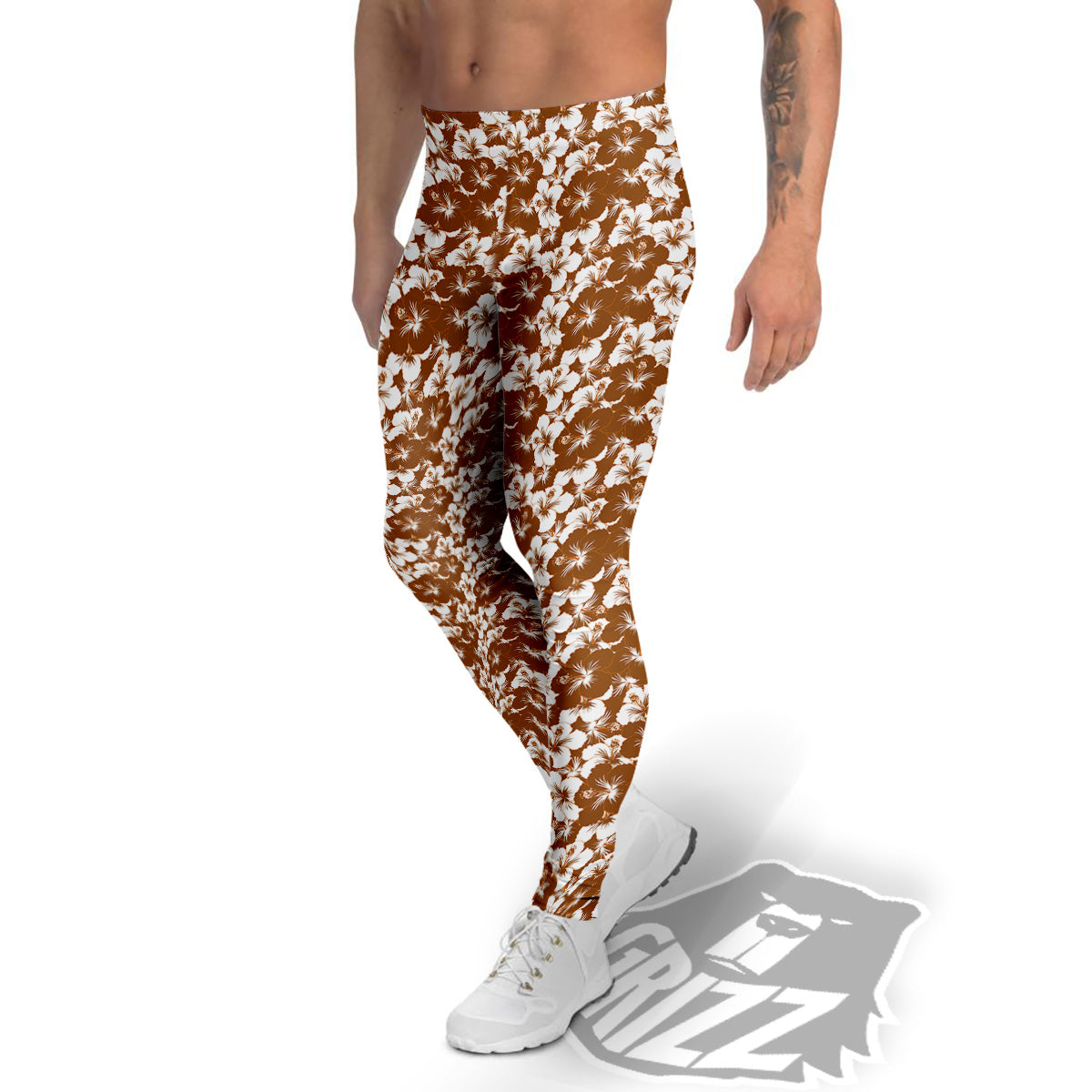 Hibiscus Flower Brown Camo Print Men's Leggings-grizzshop