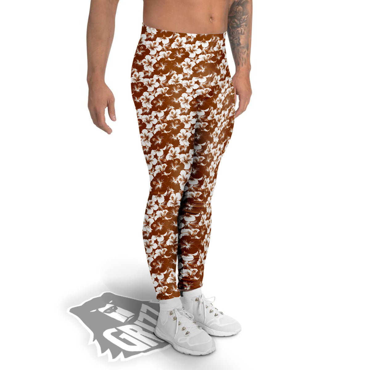 Hibiscus Flower Brown Camo Print Men's Leggings-grizzshop