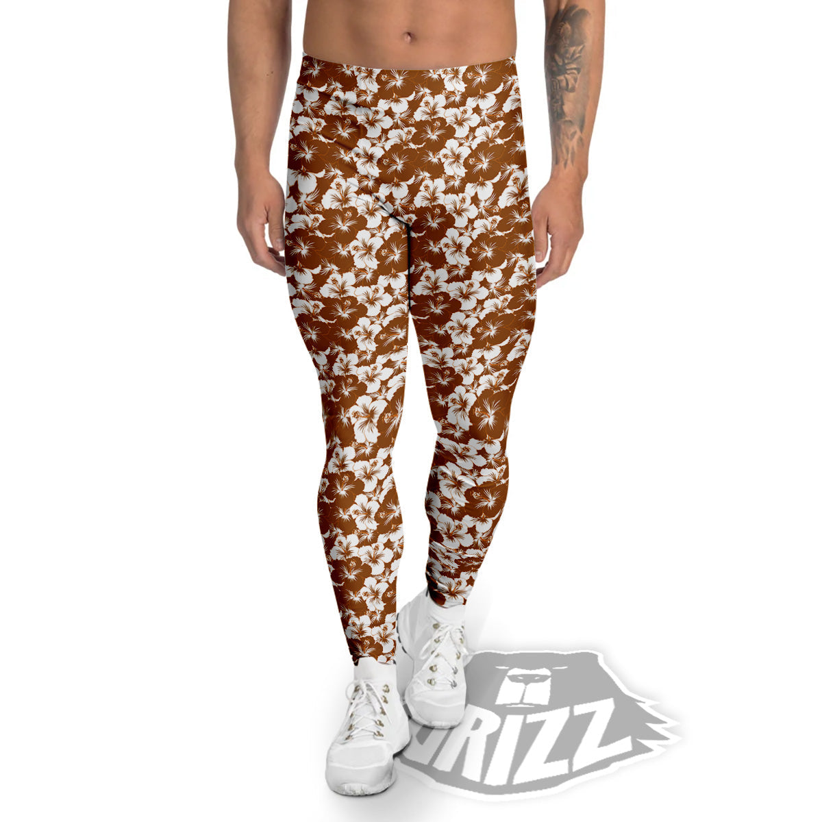 Hibiscus Flower Brown Camo Print Men's Leggings-grizzshop