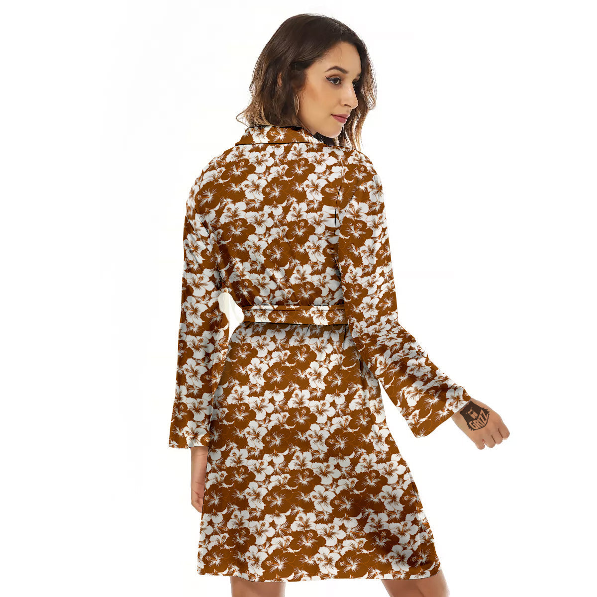 Hibiscus Flower Brown Camo Print Women's Robe-grizzshop