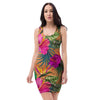 Hibiscus Flower Hawaiian Yellow Print Bodycon Dress-grizzshop