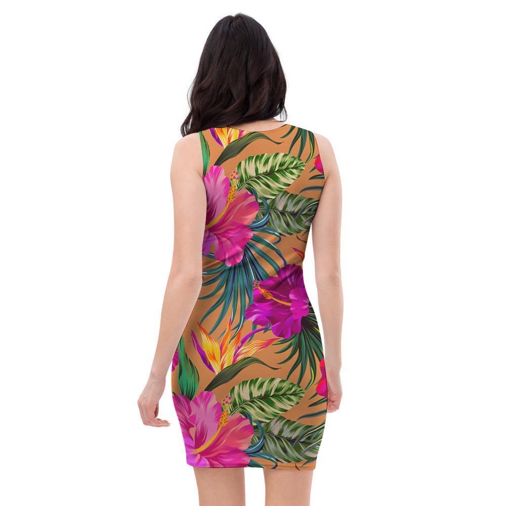 Hibiscus Flower Hawaiian Yellow Print Bodycon Dress-grizzshop