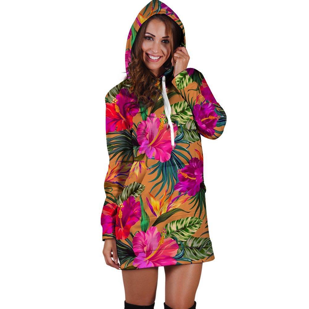 Hibiscus Flower Hawaiian Yellow Print Hoodie Dress-grizzshop