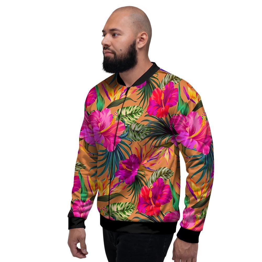 Hibiscus Flower Hawaiian Yellow Print Men's Bomber Jacket-grizzshop