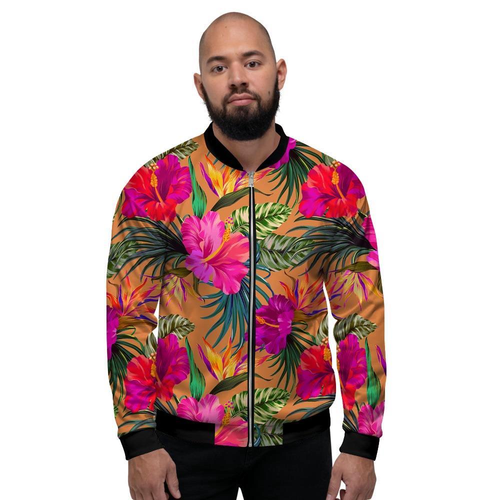 Hibiscus Flower Hawaiian Yellow Print Men's Bomber Jacket-grizzshop