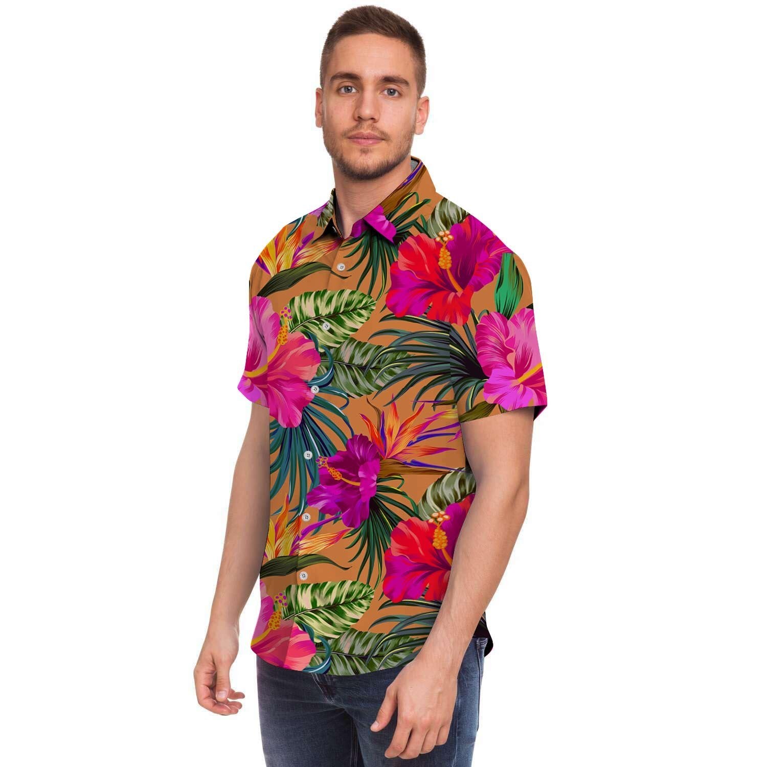 Hibiscus Flower Hawaiian Yellow Print Men's Short Sleeve Shirt-grizzshop