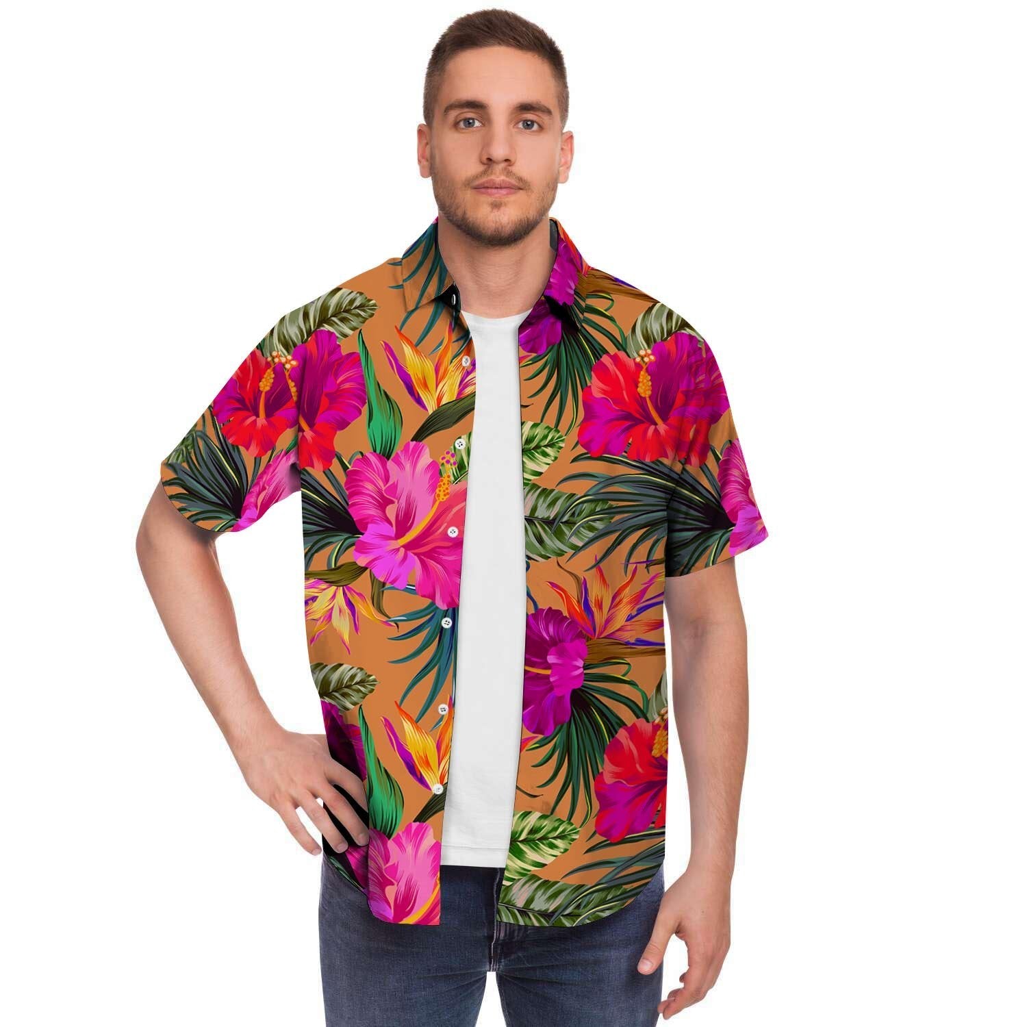 Hibiscus Flower Hawaiian Yellow Print Men's Short Sleeve Shirt-grizzshop