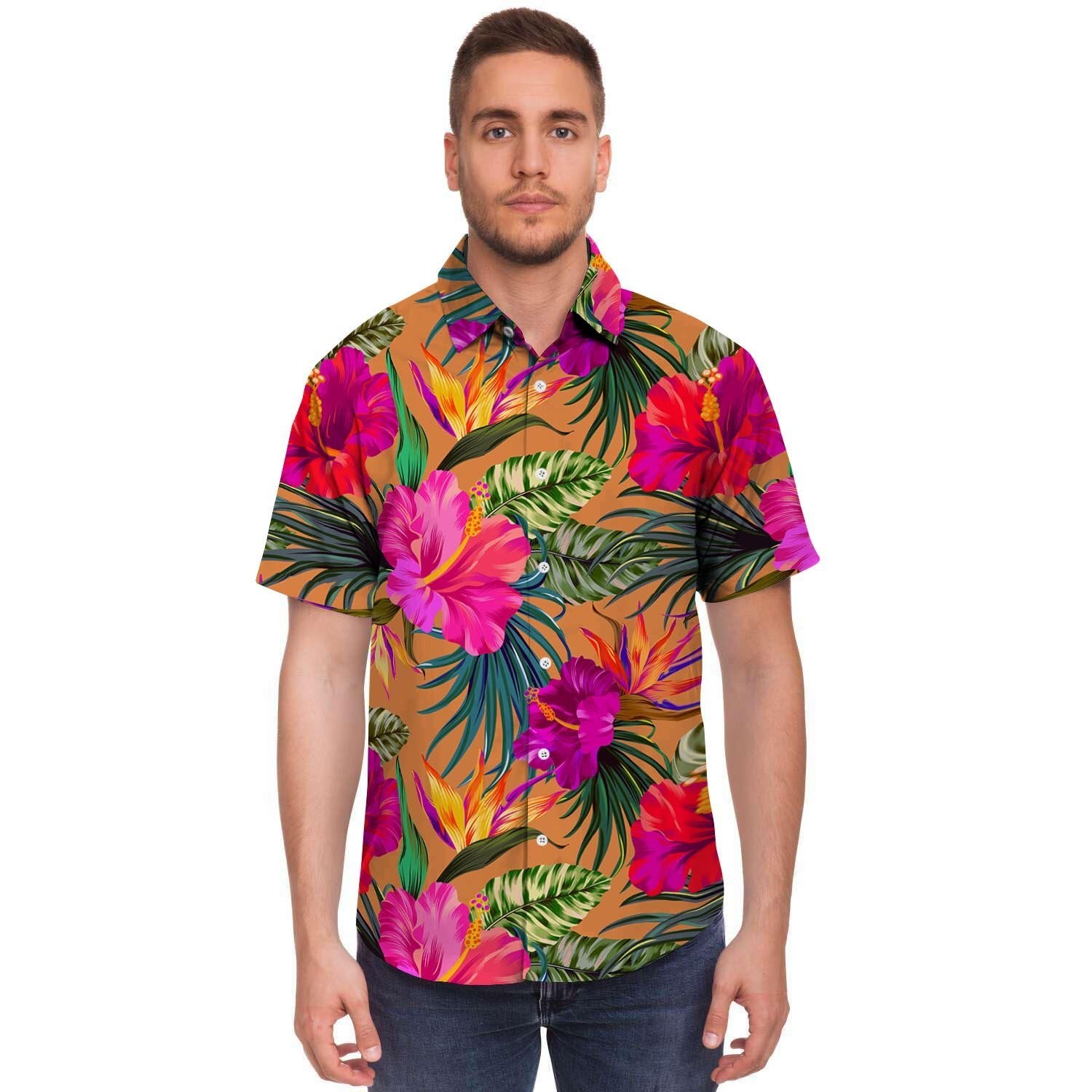 Hibiscus Flower Hawaiian Yellow Print Men's Short Sleeve Shirt-grizzshop