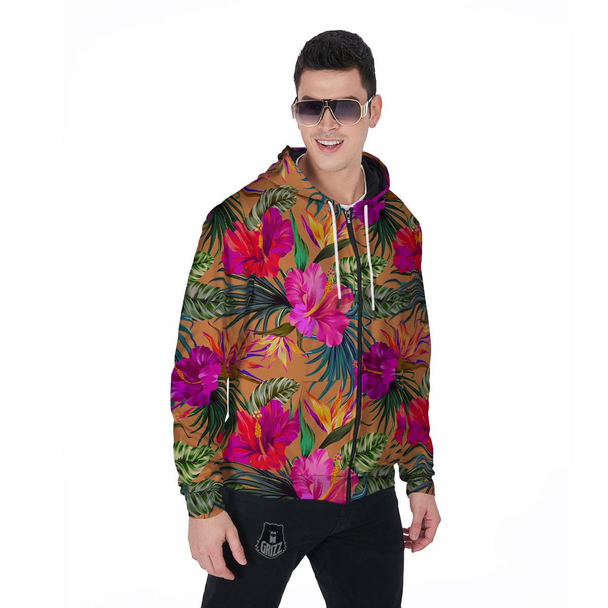 Hibiscus Flower Hawaiian Yellow Print Men's Zip Up Hoodie-grizzshop
