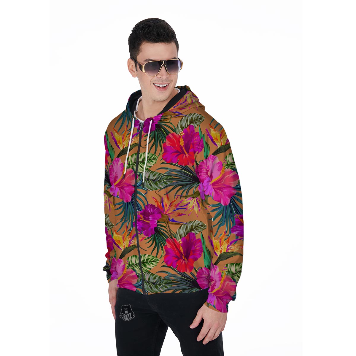 Hibiscus Flower Hawaiian Yellow Print Men's Zip Up Hoodie-grizzshop
