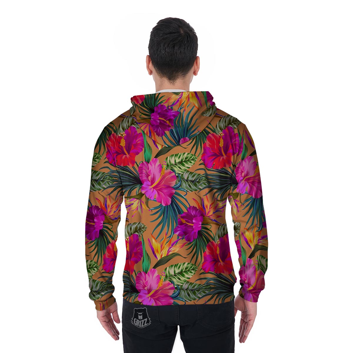 Hibiscus Flower Hawaiian Yellow Print Men's Zip Up Hoodie-grizzshop