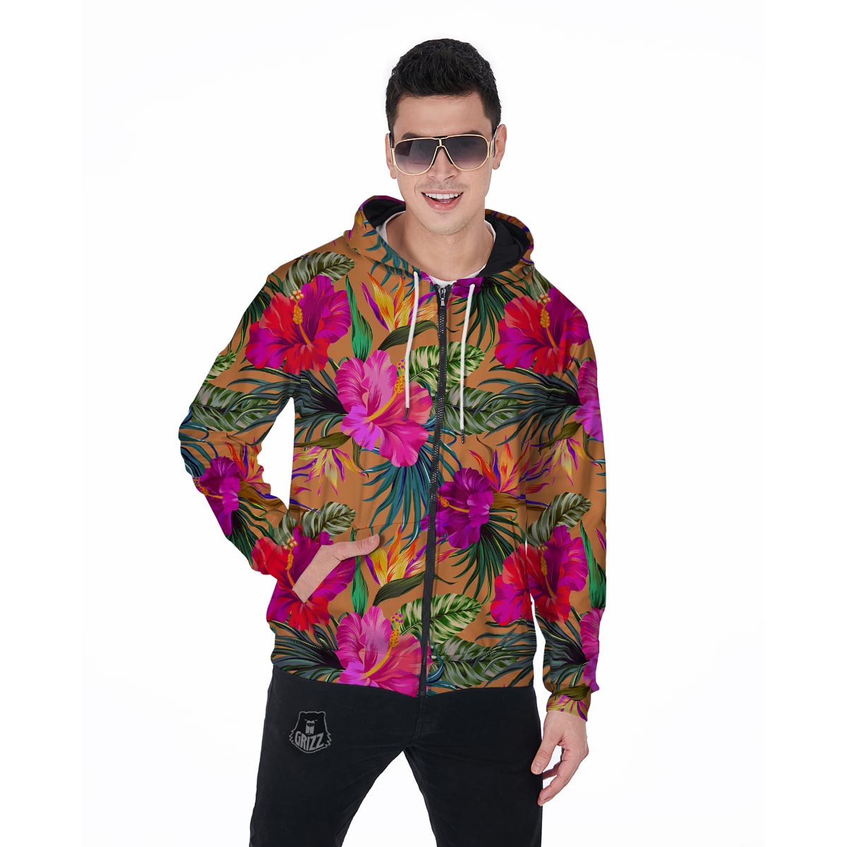Hibiscus Flower Hawaiian Yellow Print Men's Zip Up Hoodie-grizzshop