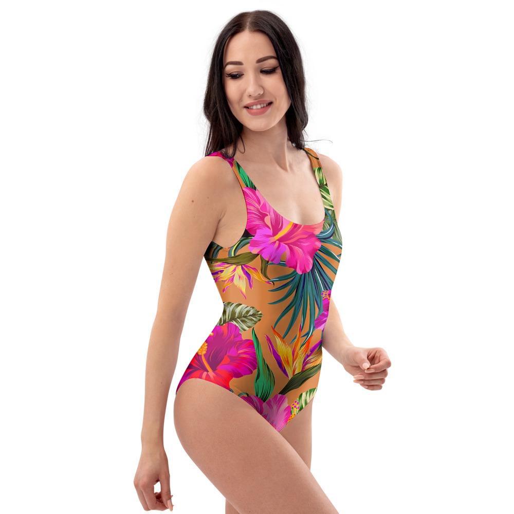 Hibiscus Flower Hawaiian Yellow Print One Piece Swimsuite-grizzshop