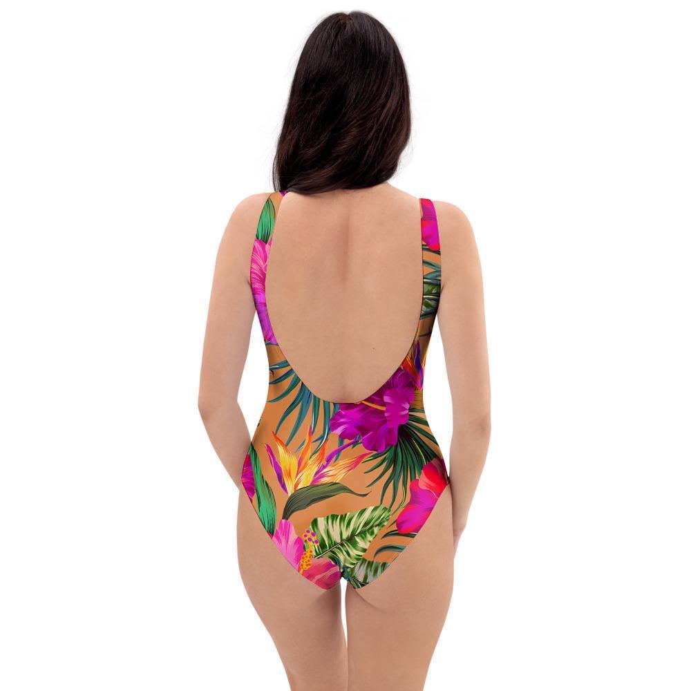 Hibiscus Flower Hawaiian Yellow Print One Piece Swimsuite-grizzshop