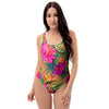 Hibiscus Flower Hawaiian Yellow Print One Piece Swimsuite-grizzshop