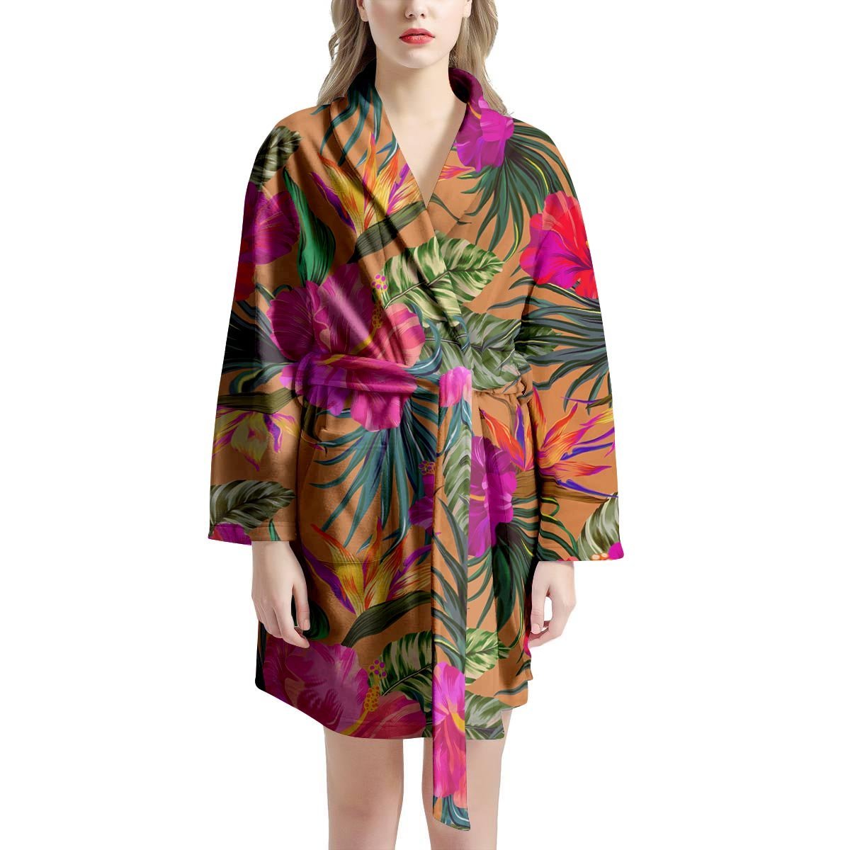 Hibiscus Flower Hawaiian Yellow Print Women's Robe-grizzshop