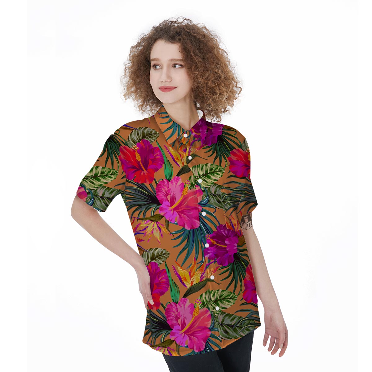 Hibiscus Flower Hawaiian Yellow Print Women's Short Sleeve Shirts-grizzshop