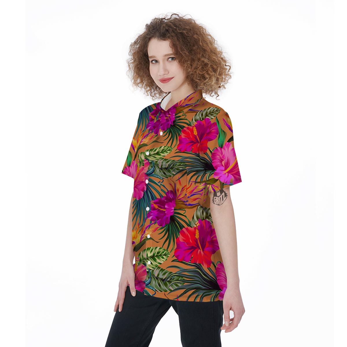 Hibiscus Flower Hawaiian Yellow Print Women's Short Sleeve Shirts-grizzshop