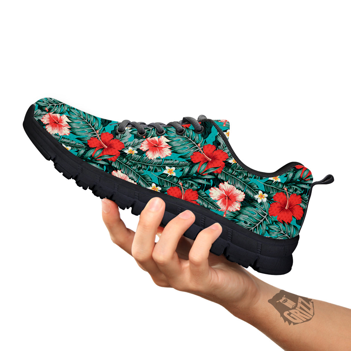 Hibiscus Flowers Tropical Print Pattern Black Sneaker-grizzshop