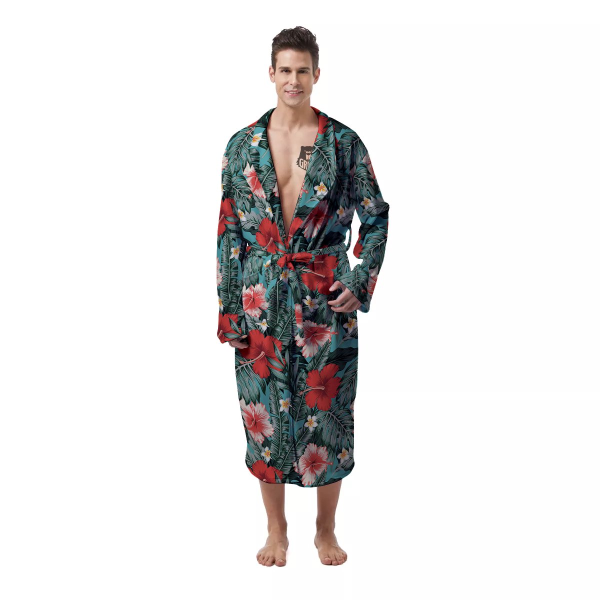 Hibiscus Flowers Tropical Print Pattern Men's Robe