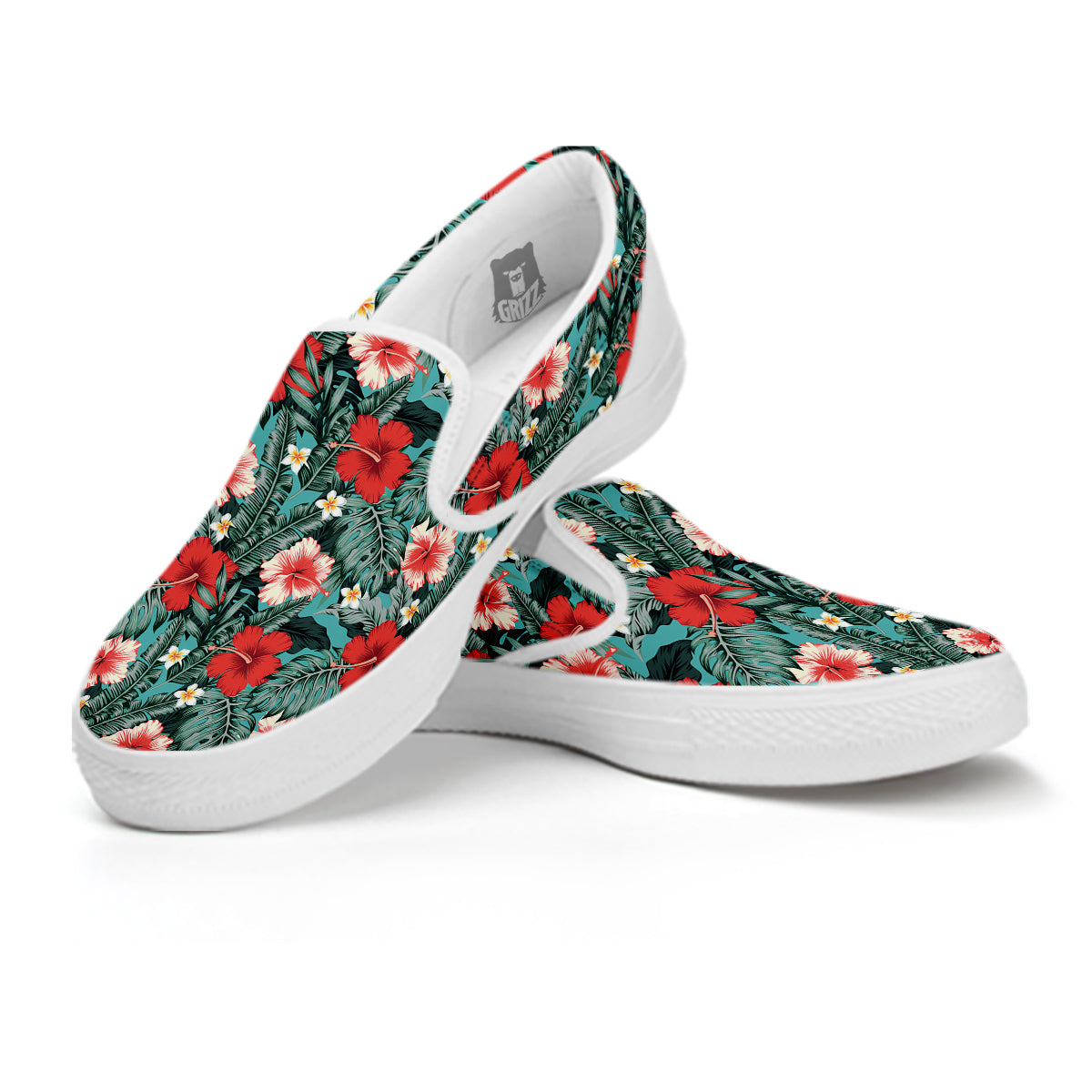 Hibiscus Flowers Tropical Print Pattern White Slip On Shoes-grizzshop