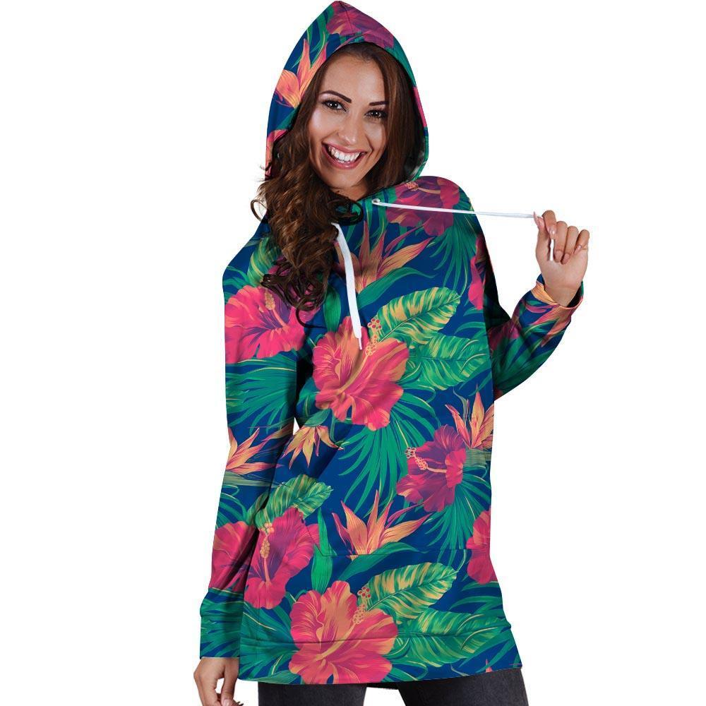 Hibiscus Hawaiian Flower Print Hoodie Dress-grizzshop