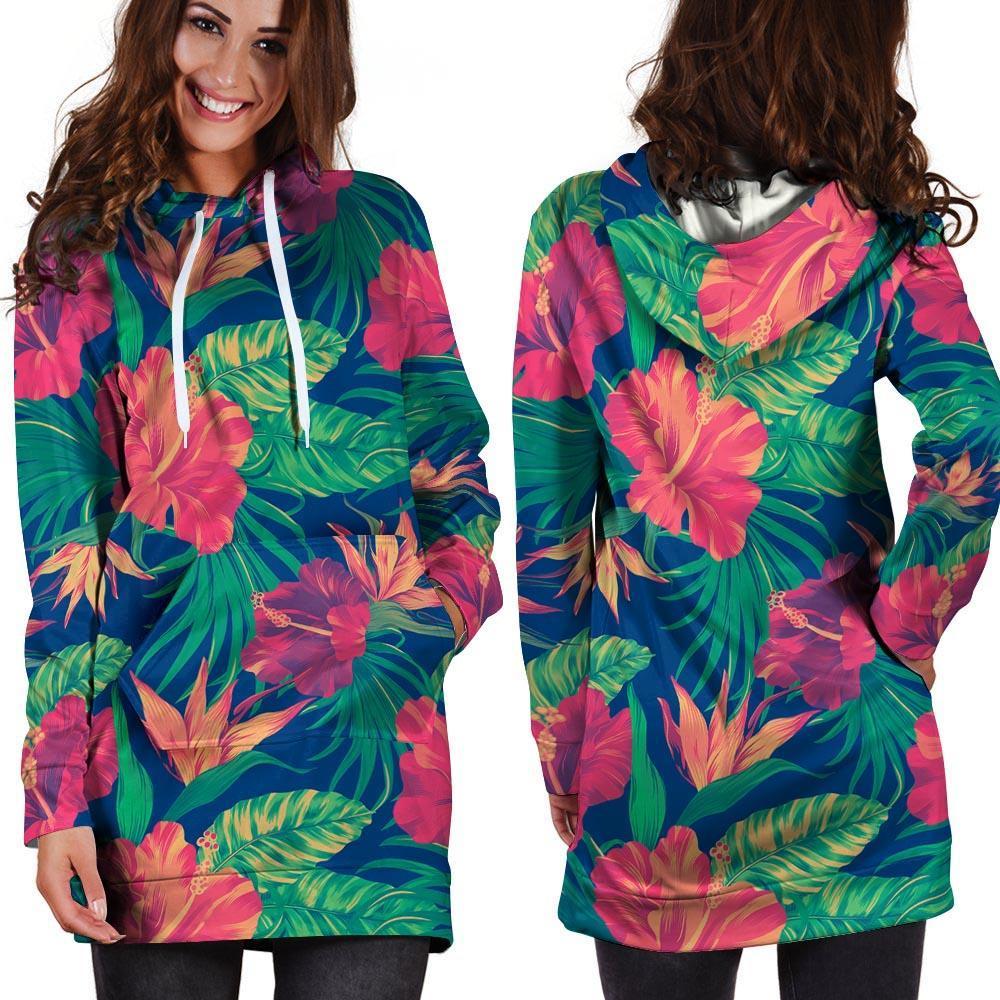 Hibiscus Hawaiian Flower Print Hoodie Dress-grizzshop