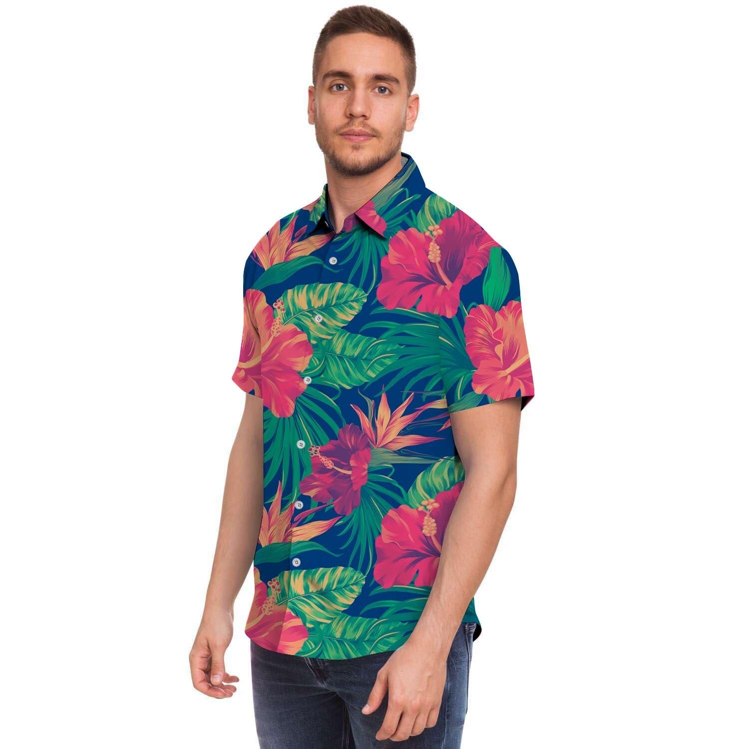 Hibiscus Hawaiian Flower Print Men's Short Sleeve Shirt-grizzshop