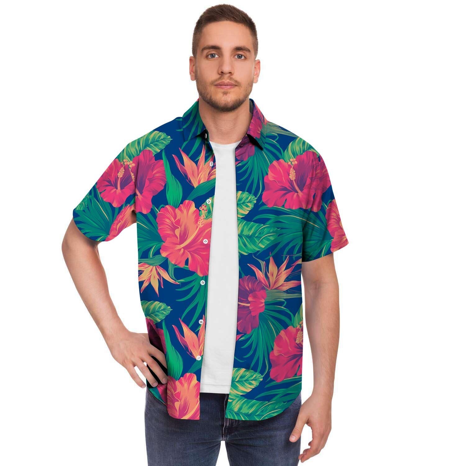 Hibiscus Hawaiian Flower Print Men's Short Sleeve Shirt-grizzshop