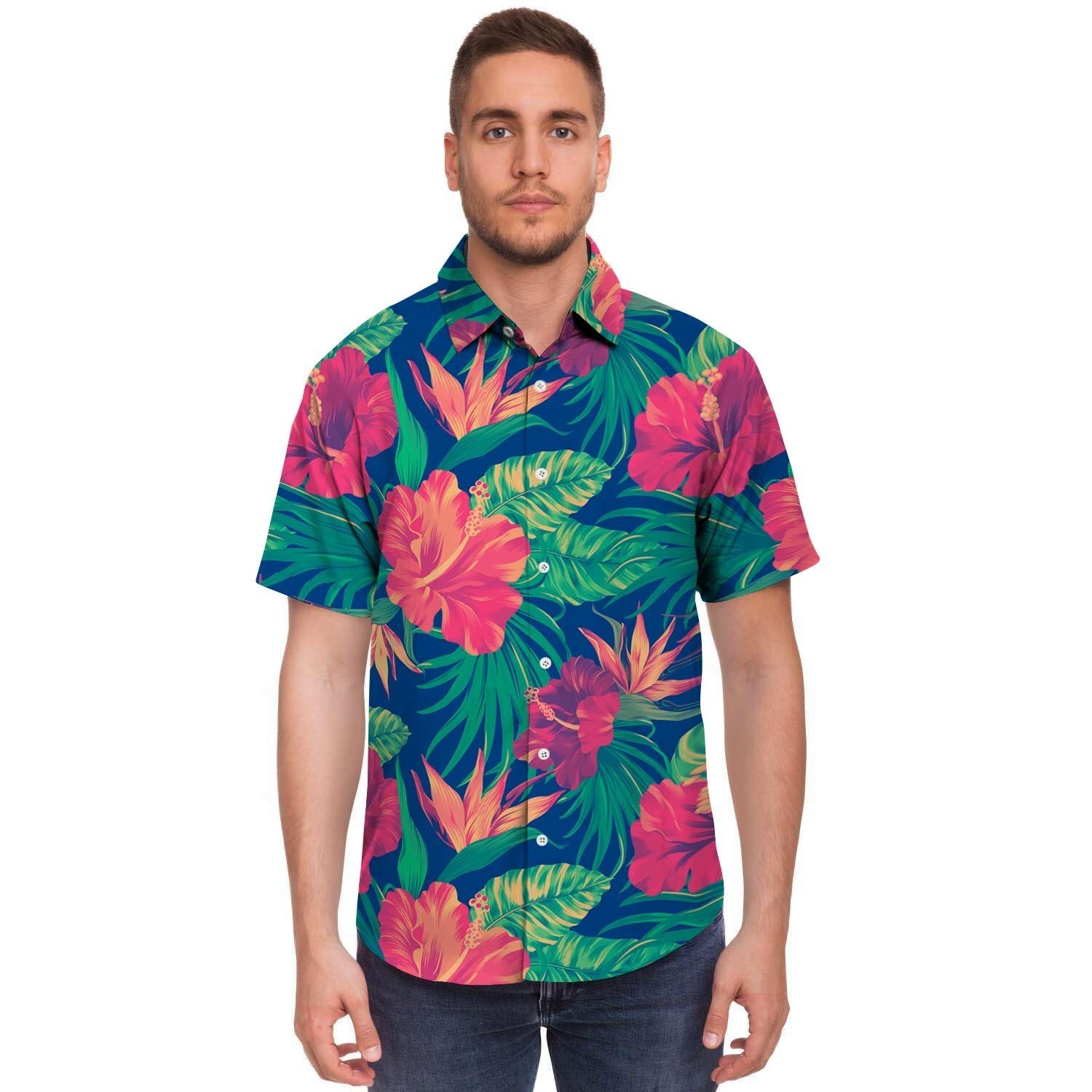 Hibiscus Hawaiian Flower Print Men's Short Sleeve Shirt-grizzshop