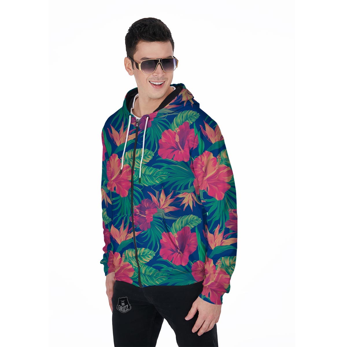 Hibiscus Hawaiian Flower Print Men's Zip Up Hoodie-grizzshop