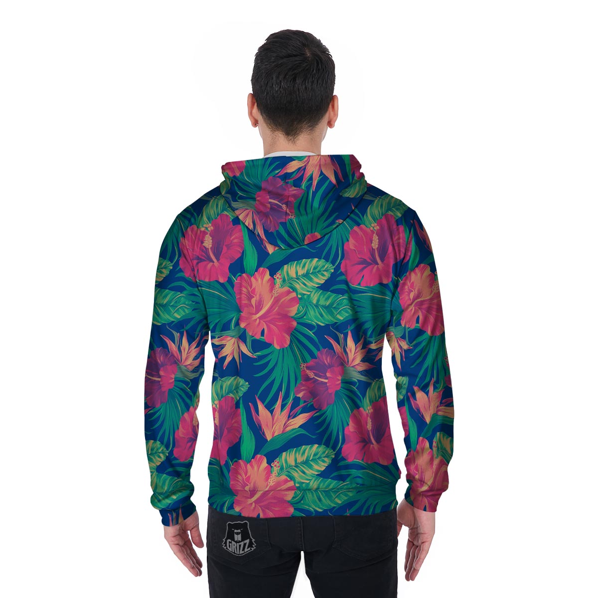 Hibiscus Hawaiian Flower Print Men's Zip Up Hoodie-grizzshop