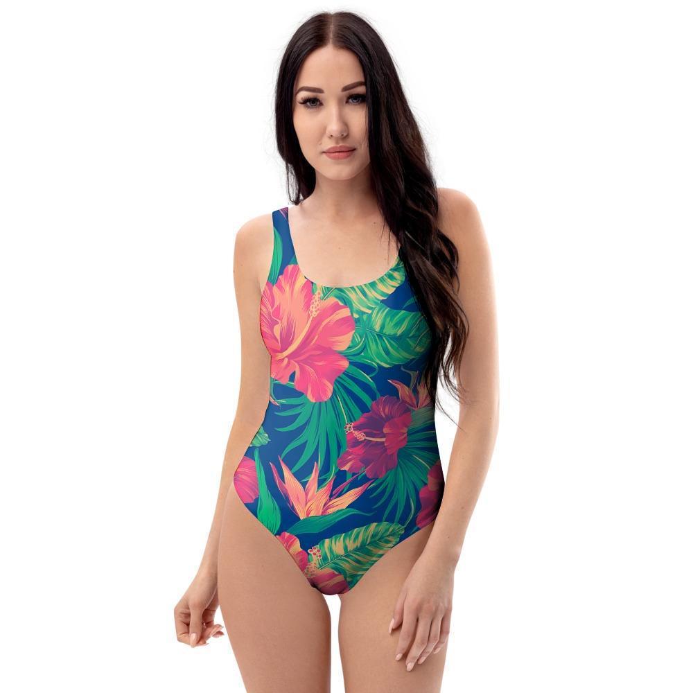 Hibiscus Hawaiian Flower Print One Piece Swimsuite-grizzshop