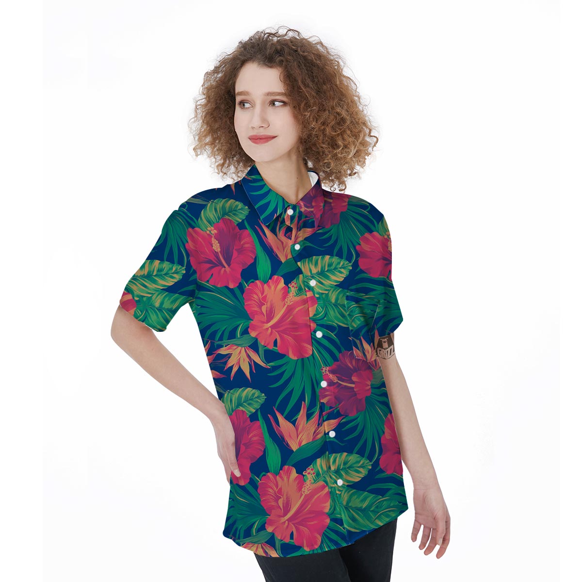 Hibiscus Hawaiian Flower Print Women's Short Sleeve Shirts-grizzshop