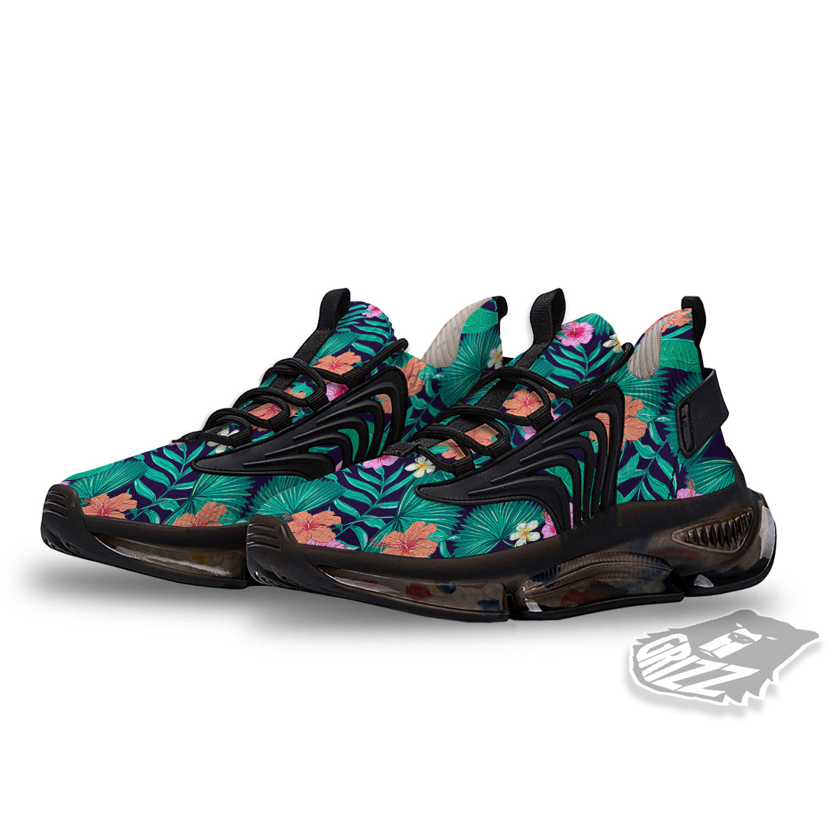 Hibiscus Leaves Tropical Print Pattern Black Gym Shoes-grizzshop