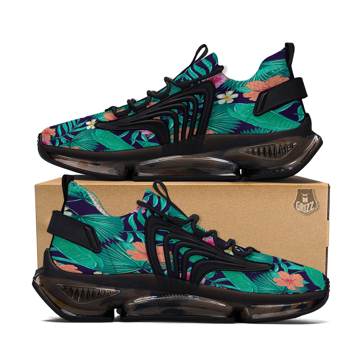 Hibiscus Leaves Tropical Print Pattern Black Gym Shoes-grizzshop