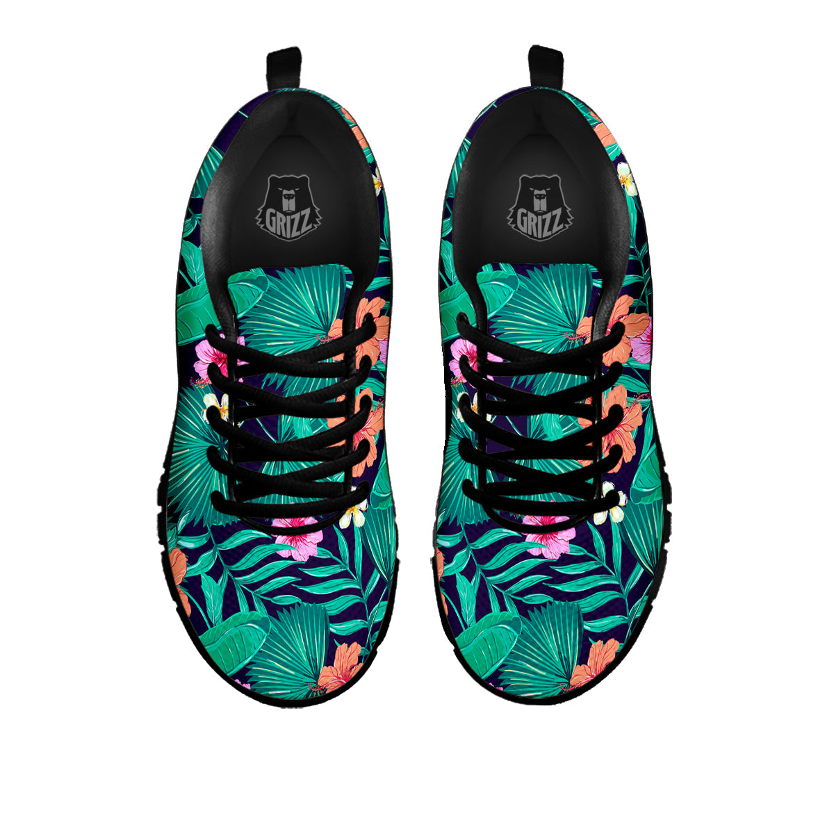 Hibiscus Leaves Tropical Print Pattern Black Sneaker-grizzshop