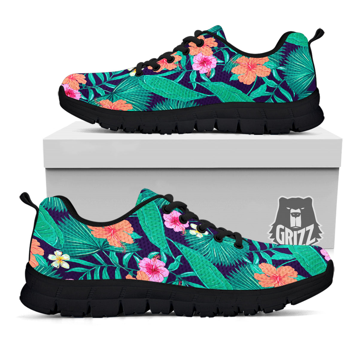 Hibiscus Leaves Tropical Print Pattern Black Sneaker-grizzshop